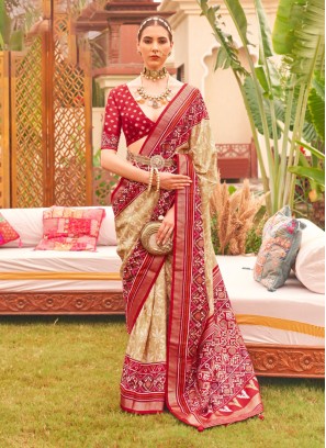 Cream And Maroon Patola Printed Silk Saree