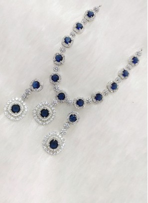 Sterling Silver Finish Necklace Set With Dark Blue Stone