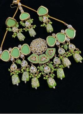 Stone Studded Gold Finish Light Green Choker Necklace Set
