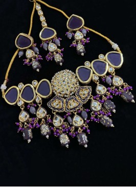 Stone Studded Gold Plated Purple Choker Necklace Set