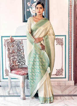 Stunning Beige Kanjivaram Silk Contemporary Saree