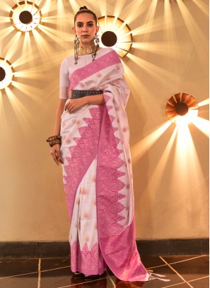 Stunning Cream And Pink Handloom Silk Contemporary Saree