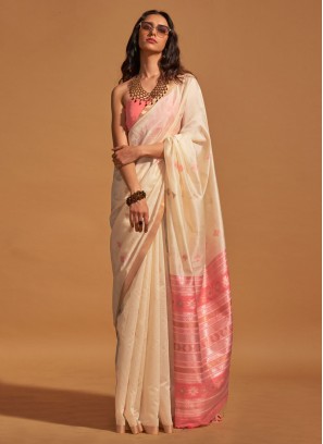 Stunning Cream Handloom Silk Contemporary Saree