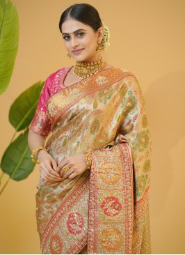 Stunning Golden And Maroon Kanjivaram Silk Contemporary Saree