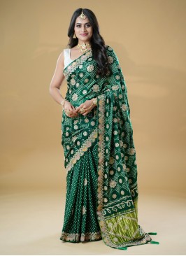 Bottle Green & Pista Green Sequence Embroidered Chiffon Half & Half Saree