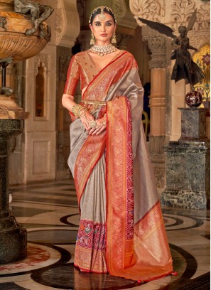 Grey And Red Partola Printed Banarasi Saree