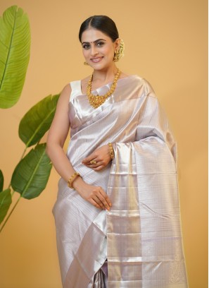 Stunning Light Lilac Kanjivaram Silk Contemporary Saree