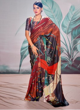 Stunning Multi-color Printed Satin Contemporary Saree