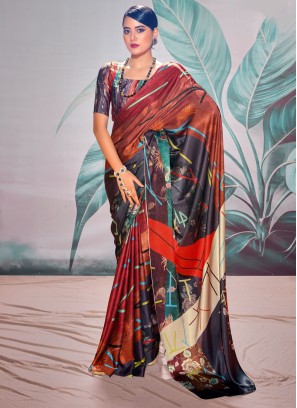 Stunning Multi-color Printed Satin Contemporary Saree