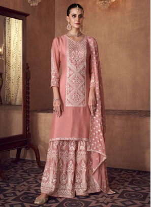 Festive Wear Embroidered Light Coral Palazzo Suit