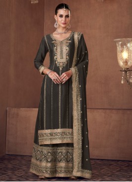 Gorgeous Black Embroidered Chinon Silk Palazzo Suit