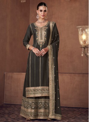 Gorgeous Black Embroidered Chinon Silk Palazzo Suit