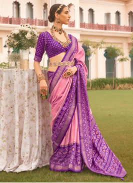 Designer Pink & Purple Patola Printed Silk Saree