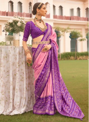 Designer Pink & Purple Patola Printed Silk Saree