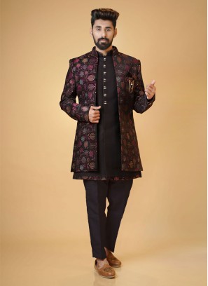 Stylish Black Jacket Style Indowestern Set For Men