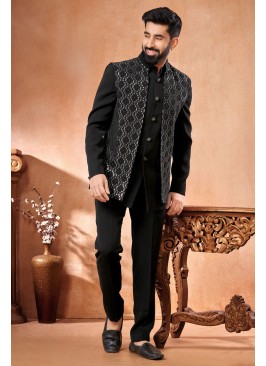 Stylish Black Sequins Embroidered Nehru Jacket Set