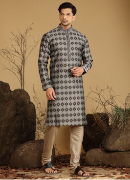 Stylish Black Silk Printed Kurta Pajama