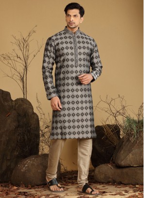 Stylish Black Silk Printed Kurta Pajama