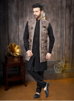 Stylish Black Thread Embroidered Nehru Jacket Set