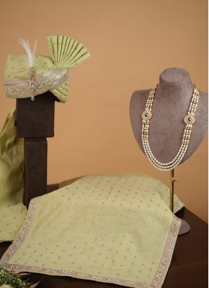 Stylish Chanderi Fabric Pista Green Turban, Dupatta And Mala