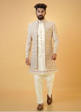 Stylish Cream Jacket Style Indowestern Set For Men