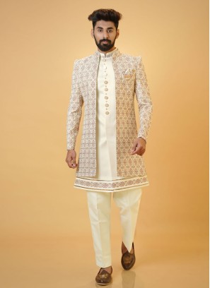 Stylish Cream Jacket Style Indowestern Set For Men