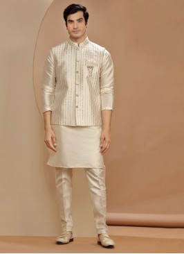 Stylish Cream Sequins Embroidered Nehru Jacket Set