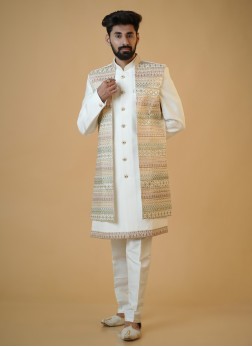 Stylish Cream Thread Embroidered Nehru Jacket Set