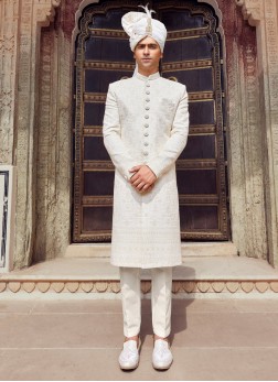 Stylish Embroidered Off White Silk Sherwani For Gr