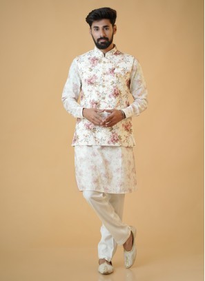 Stylish Floral Printed Cream Nehru Jacket Set