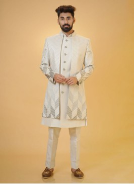 Stylish Grey Jacket Style Indowestern Set For Men