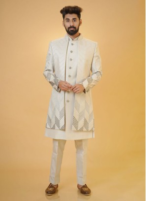 Stylish Grey Jacket Style Indowestern Set For Men