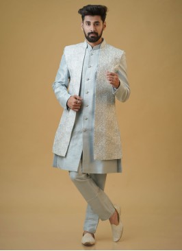 Stylish Light Sky Blue Thread Embroidered Nehru Jacket Set
