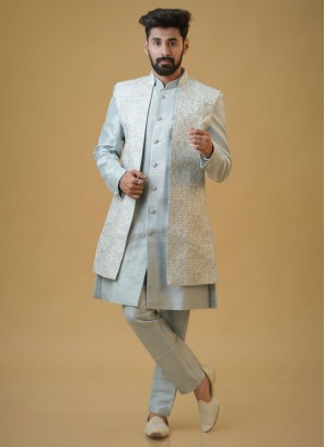 Stylish Light Sky Blue Thread Embroidered Nehru Jacket Set