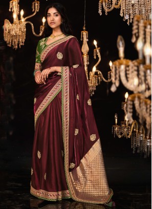 Wine Embroidered Contemporary Style Saree