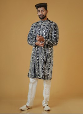 Stylish Navy Blue Cotton Embroidered Kurta Pajama