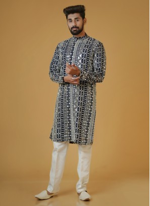 Stylish Navy Blue Cotton Embroidered Kurta Pajama