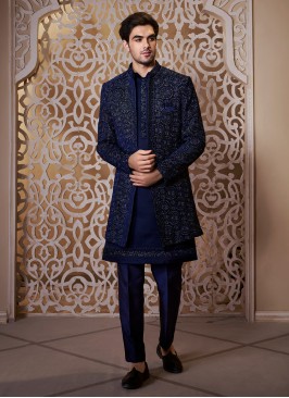 Stylish Navy Blue Jacket Style Indowestern Set For Men