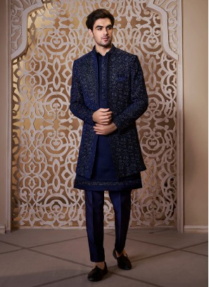 Stylish Navy Blue Jacket Style Indowestern Set For Men