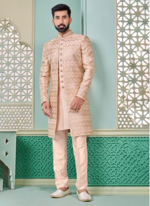 Stylish Peach Jacket Style Indowestern Set For Men