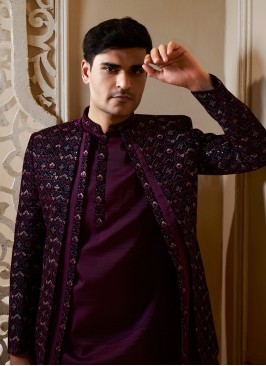 Stylish Purple Jacket Style Indowestern Set For Men