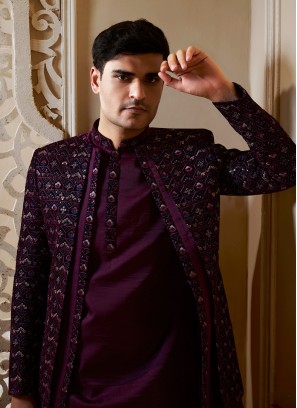 Stylish Purple Jacket Style Indowestern Set For Men