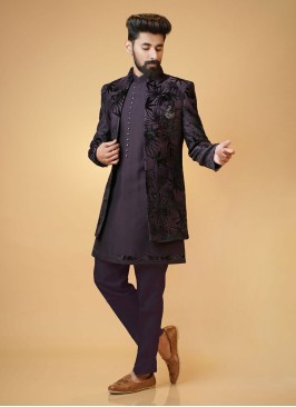 Stylish Purple Jacket Style Indowestern Set For Men