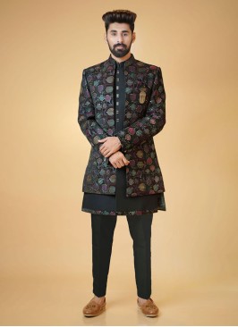 Stylish Rama Green Jacket Style Indowestern Set For Men