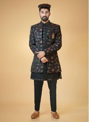 Stylish Rama Green Jacket Style Indowestern Set For Men