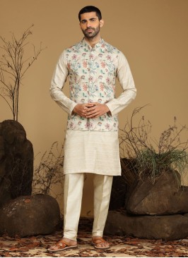 Stylish Raw Silk Printed Nehru Jacket Set