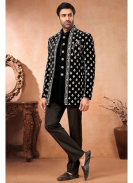 Stylish Thread Embroidered Black Nehru Jacket Set