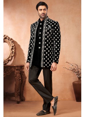 Stylish Thread Embroidered Black Nehru Jacket Set