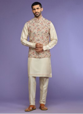 Stylish Thread Embroidered Cream Nehru Jacket Set