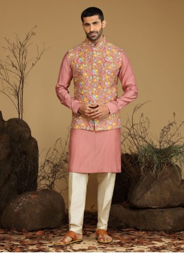 Stylish Thread Embroidered Raw Silk Nehru Jacket Set